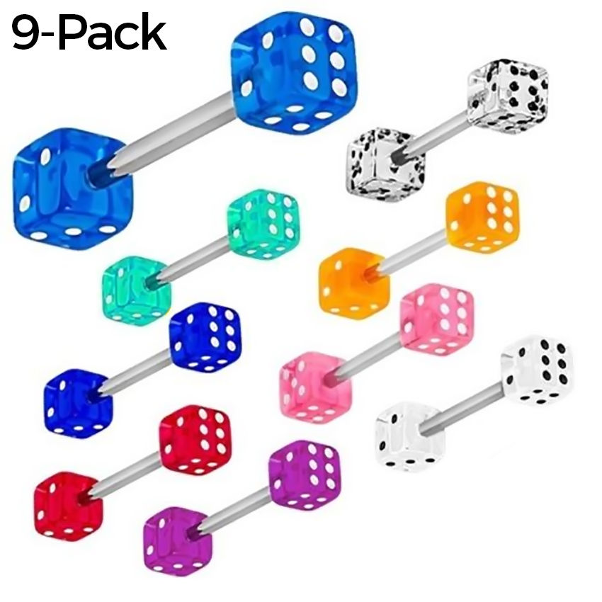 Tongue Piercing Barbells - 9-Pack Acrylic Dice with 14ga-5/8" 316L Steel Barbell