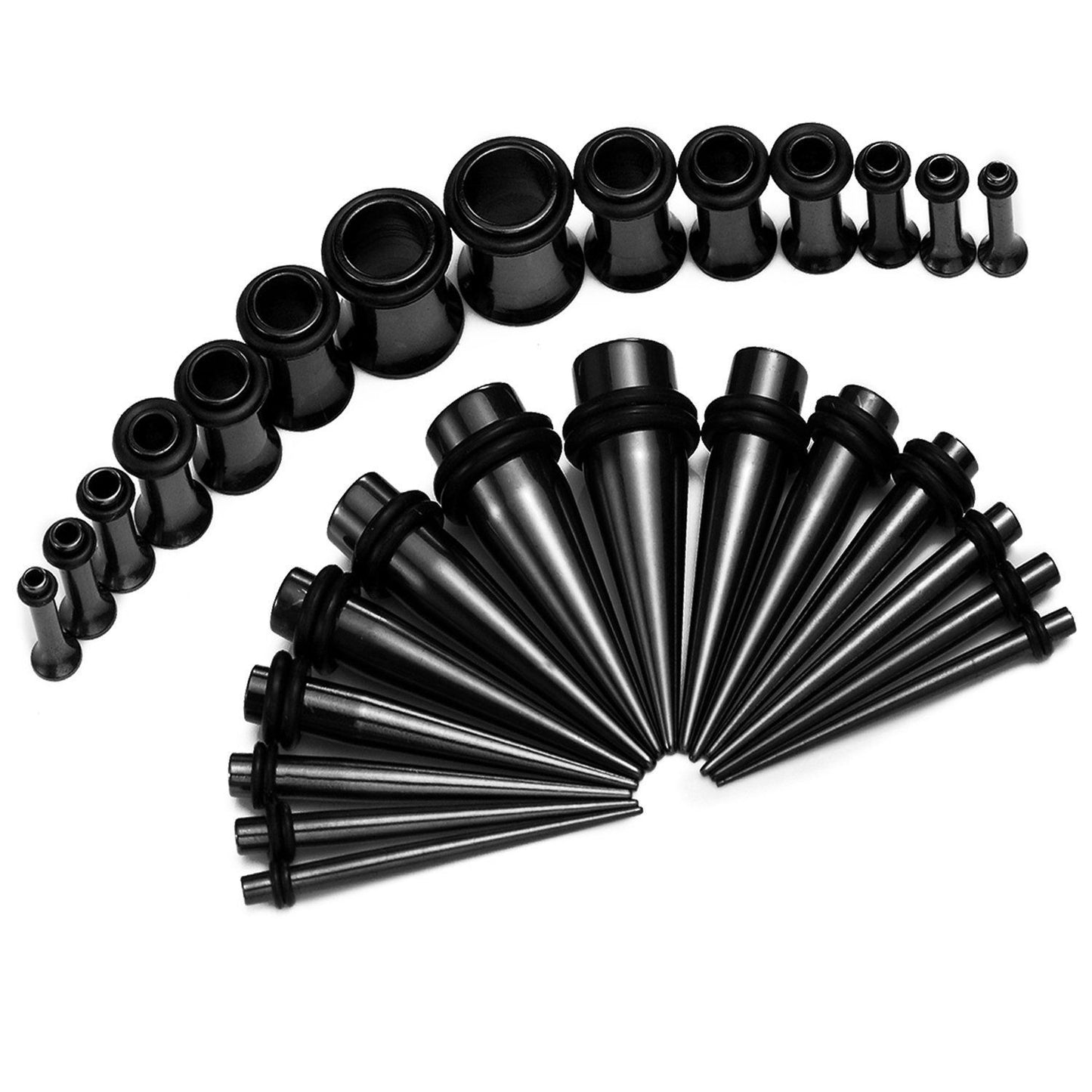 Set 36pc Black Anodized Stretching Kit Plugs & Tapers Gauges 14G - 00G
