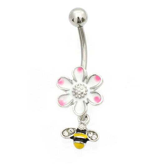 Belly Button Ring with Enamel Flower and Bee Dangle 14g