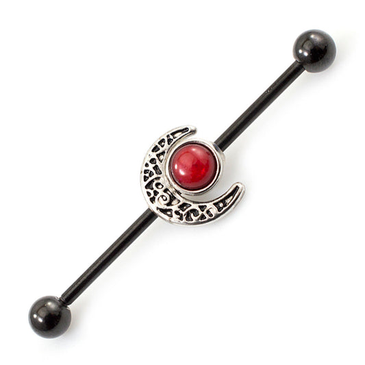 Industrial Barbell with Moon and Red Stone Design 14G 38mm Length