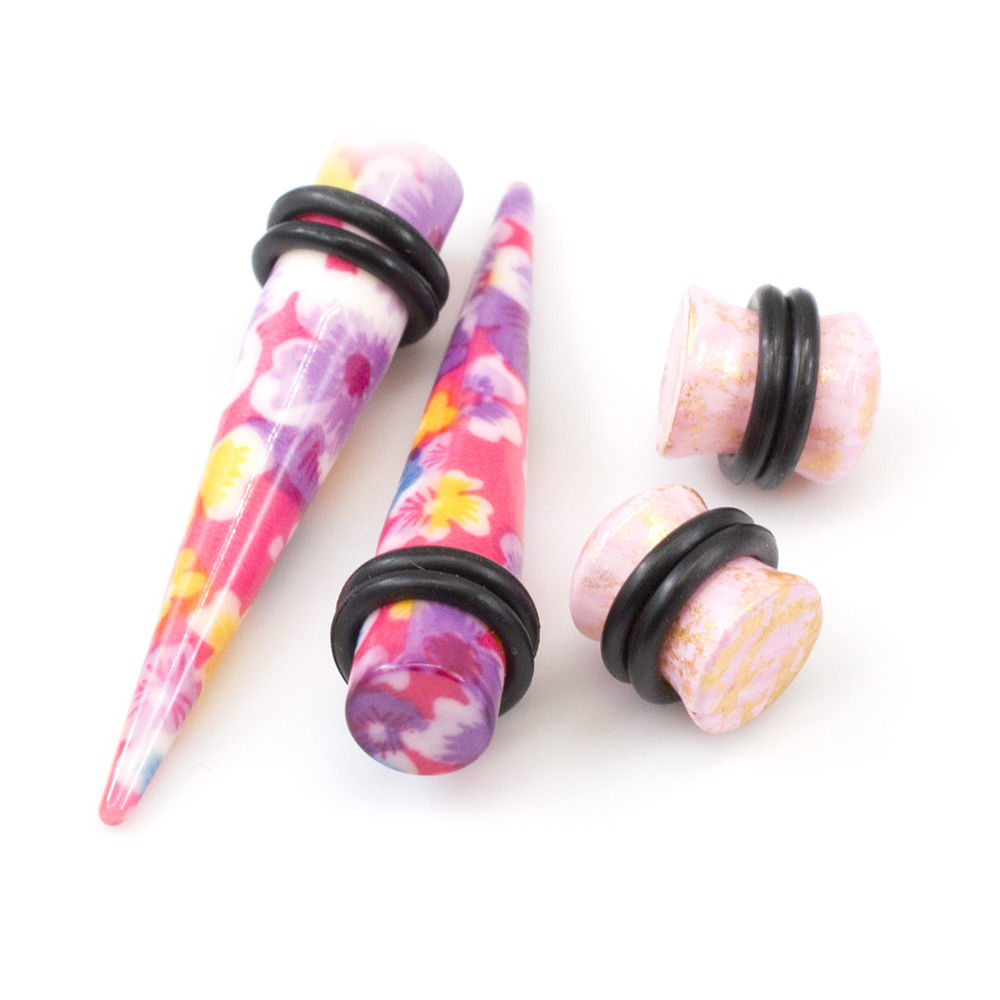 Ear Plugs with Tapers Stretching kit Colorful Flower Design with O rings