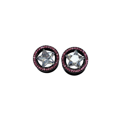 Pair of Black Ion Plated Star with Pink CZ Ear Gauges Plugs Screw Fit