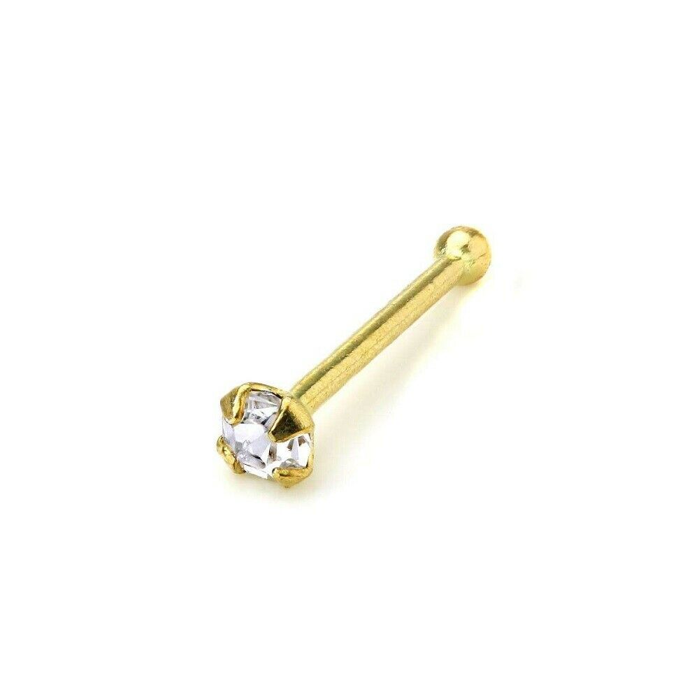 Nose Bone Stud 14k Solid Yellow Gold with Prong Set Circular Clear CZ  20ga