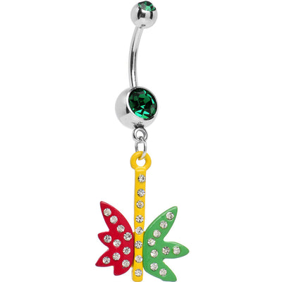 14ga Pot Leaf Dangle Belly Navel Piercing Ring with Green CZ Gems