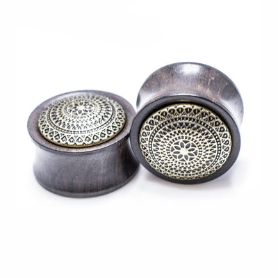 Organic Ear Plugs - Lattice Brass Inlay Wood Saddle Fit Double Flare Plugs