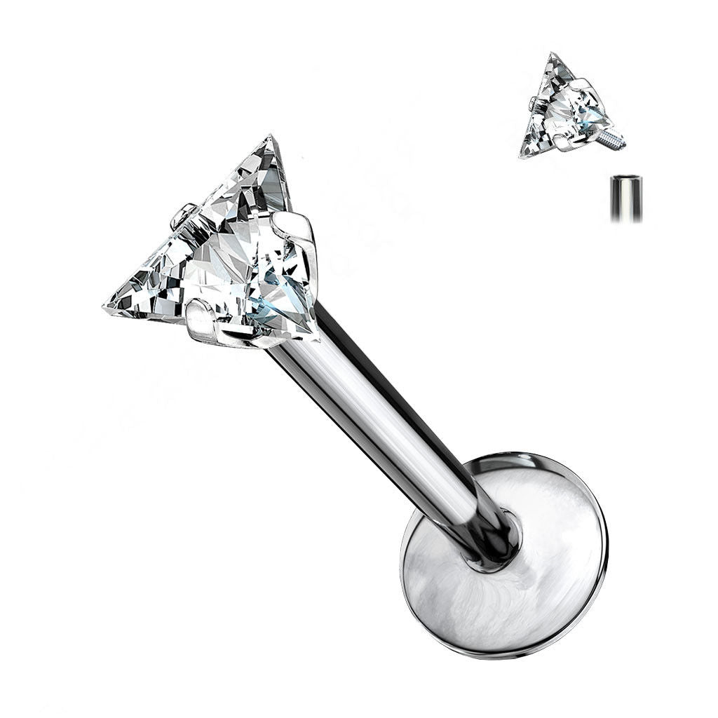 Labret Jewelry with Prong Set Triangle CZ Internally Threaded Solid Titanium