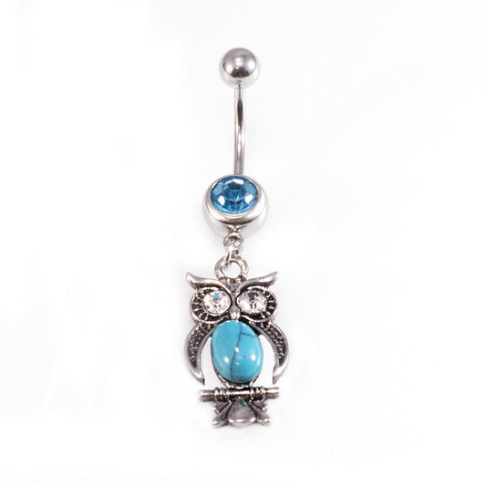 Belly Button Rings Owl Dangle Design with Turquoise and Aqua CZ Jewels / Navel
