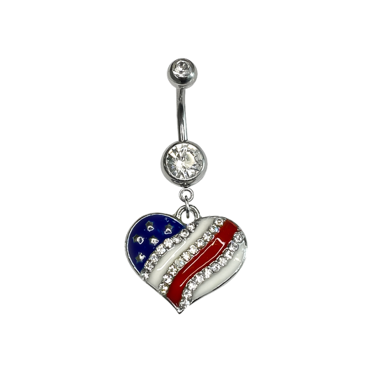 Belly Button Navel Ring Surgical Steel with Dangle Heart American Flag with jewels
