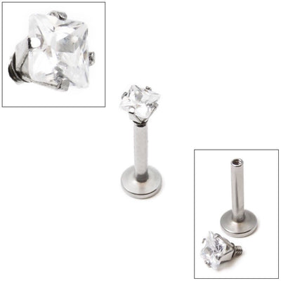Internally Threaded 16G Labret Monroe with Prong Set Square Cut Clear Gem