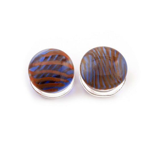 Pair of Ear Plugs Colorful Blue and Red Stripe design Made of Glass Double Flare