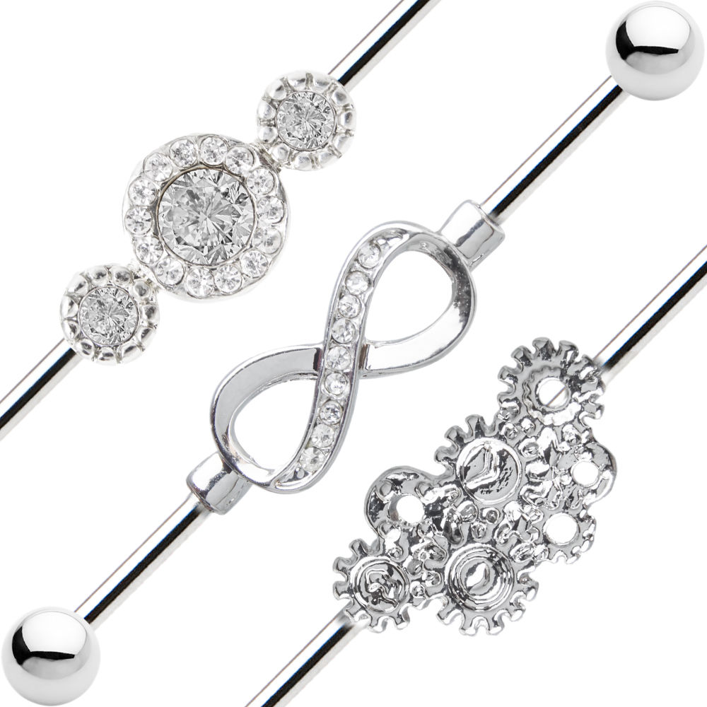 3 Industrial Piercing Barbells 14ga Steampunk, Infinity and CZ Styles