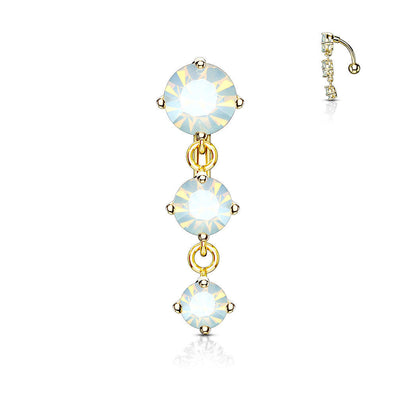 Belly Button Ring Reverse Design with Three Prong Set Round Opalite Crystal
