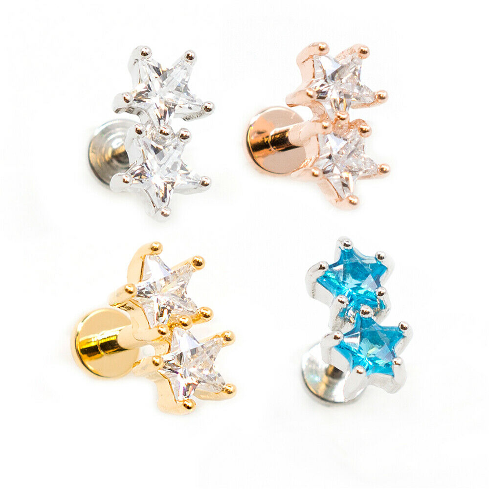 Flat Back Studs Internally Threaded Surgical Steel 16g with Twin CZ Star Top