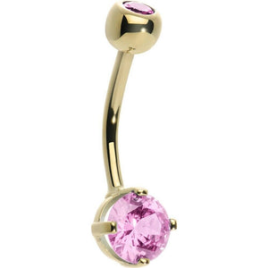 14 Gauge Solid 14k Yellow Gold Belly Button Ring Prong Round CZ