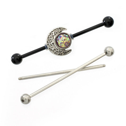 Industrial Barbell with Moon Design and Opalite Charm 2 extra bars included 14g