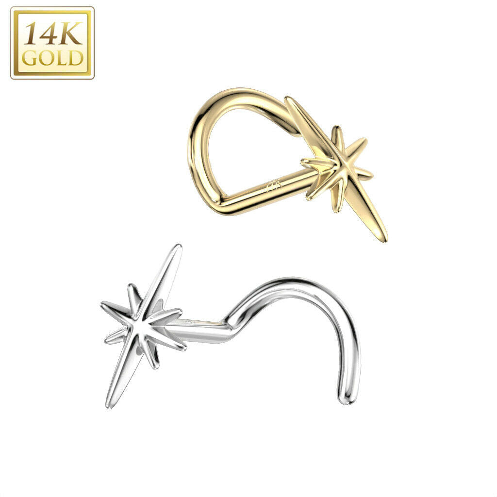 Nose Screw Rings With CZ Centered Sparkle Top 14K solid gold 20G
