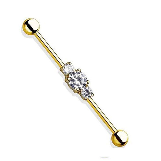 Industrial Barbell Three Clear Jewel CZ IP 316L Surgical Steel Piercing 14G 36mm