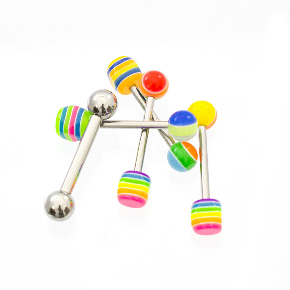 Tongue Barbells with Striped Octagon Balls Pack of 4 14g Plus Free 10g Barbells