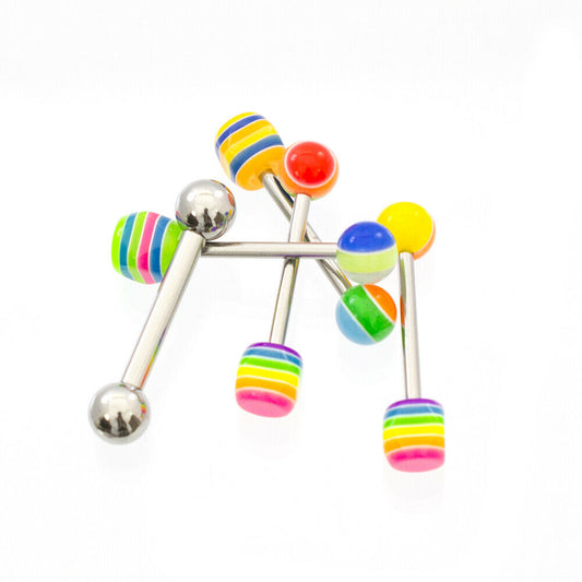Tongue Barbells with Striped Octagon Balls Pack of 4 14g Plus Free 10g Barbells