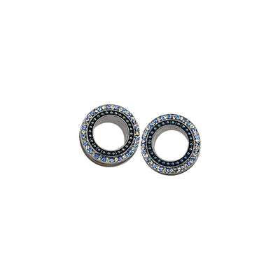 Pair of Ear Gauges Plugs Screw Fit Light Blue & Clear CZ Gens