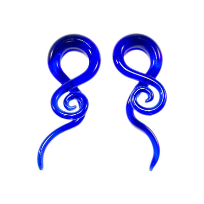 Pair of Glass Tapers 00G-6G Single Twist Deep Sea Blue Pyrex with Spiral End