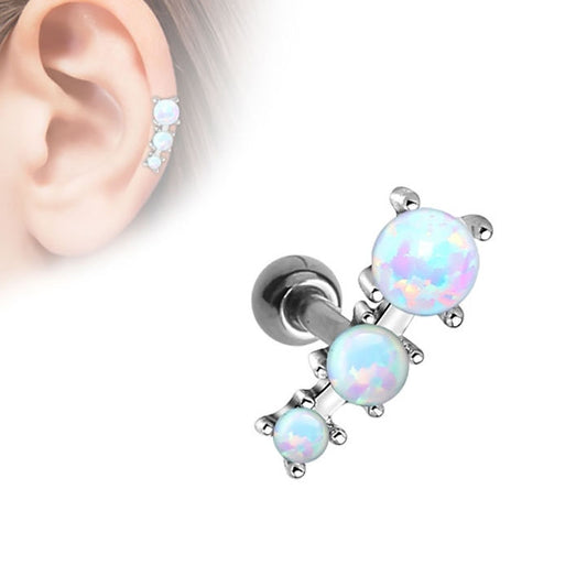 16ga Tragus Cartilage Barbell - Three Prong-Set Opalite Gems 316L Surgical Steel