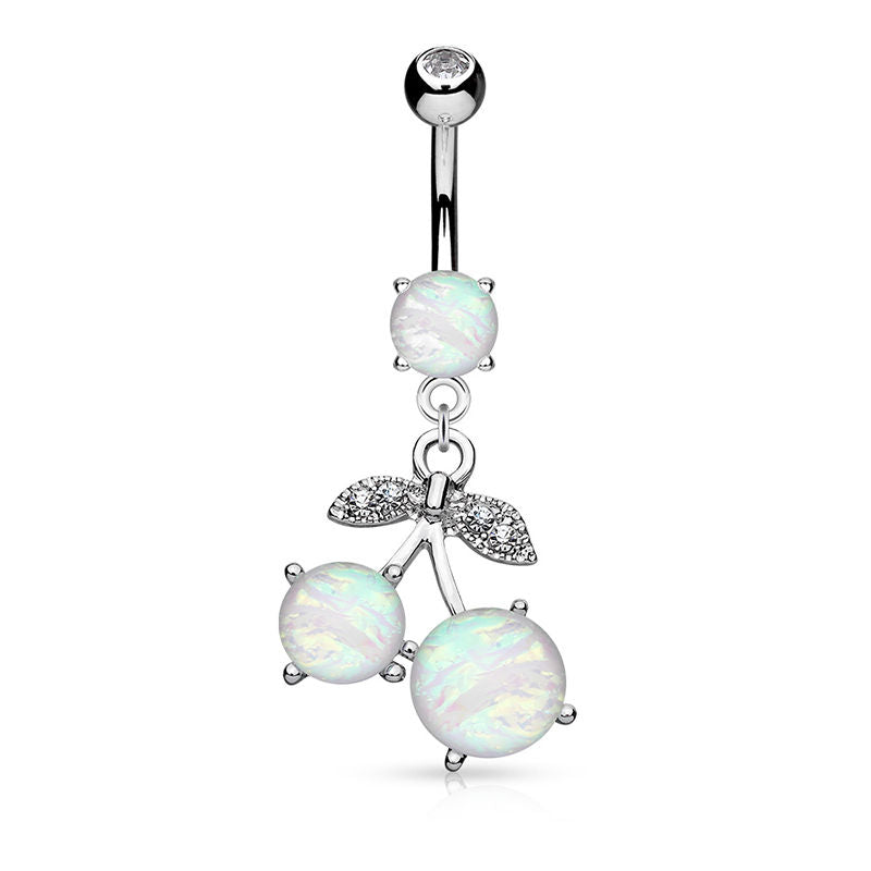 Cherry Dangle 14ga Belly Button Ring with Opalite Glitter Gems