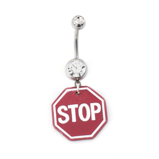Belly Button Ring Stop Sign with Cubic Zirconia 14g