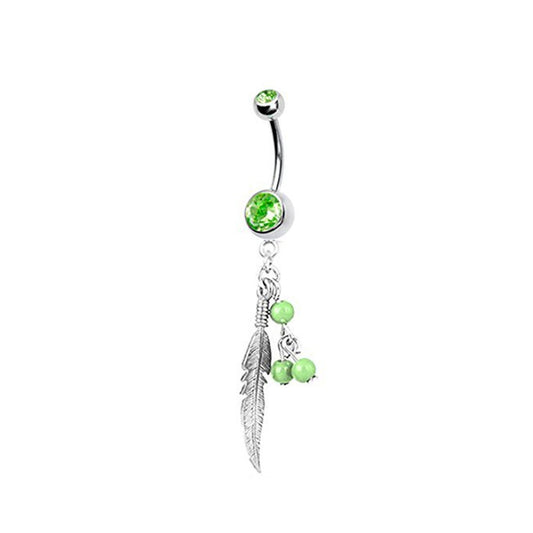 Belly Button Ring 14G Curved Barbell Green CZ Gem Dangling Leaf & Ball Charms