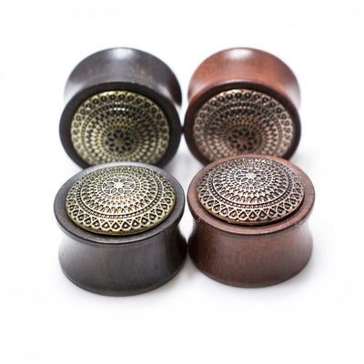 Organic Ear Plugs Lattice Brass Inlay Wood Saddle Fit Double Flare Plugs