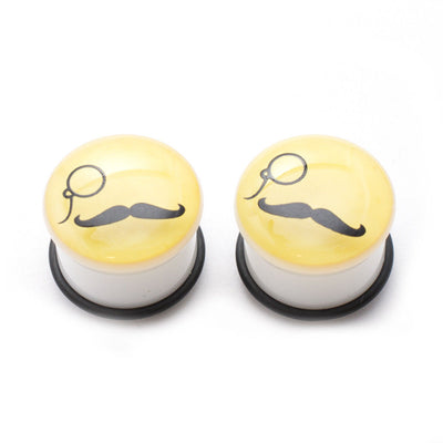 Pair of Mustache and Monocle Glow In The Dark Ear Plugs - 6 Gauge to 7/8"