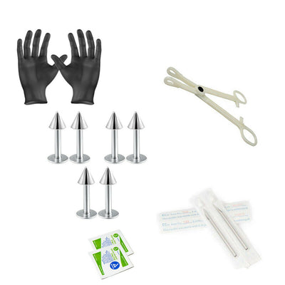 12-Piece Labret Lip Monroe Cartilage Piercing Kit - Includes (6) 16g Labret Lip Monroe Cartilage, (2) Needles, (1) Forceps, (2) Alcohol Wipes and a Pair of Gloves