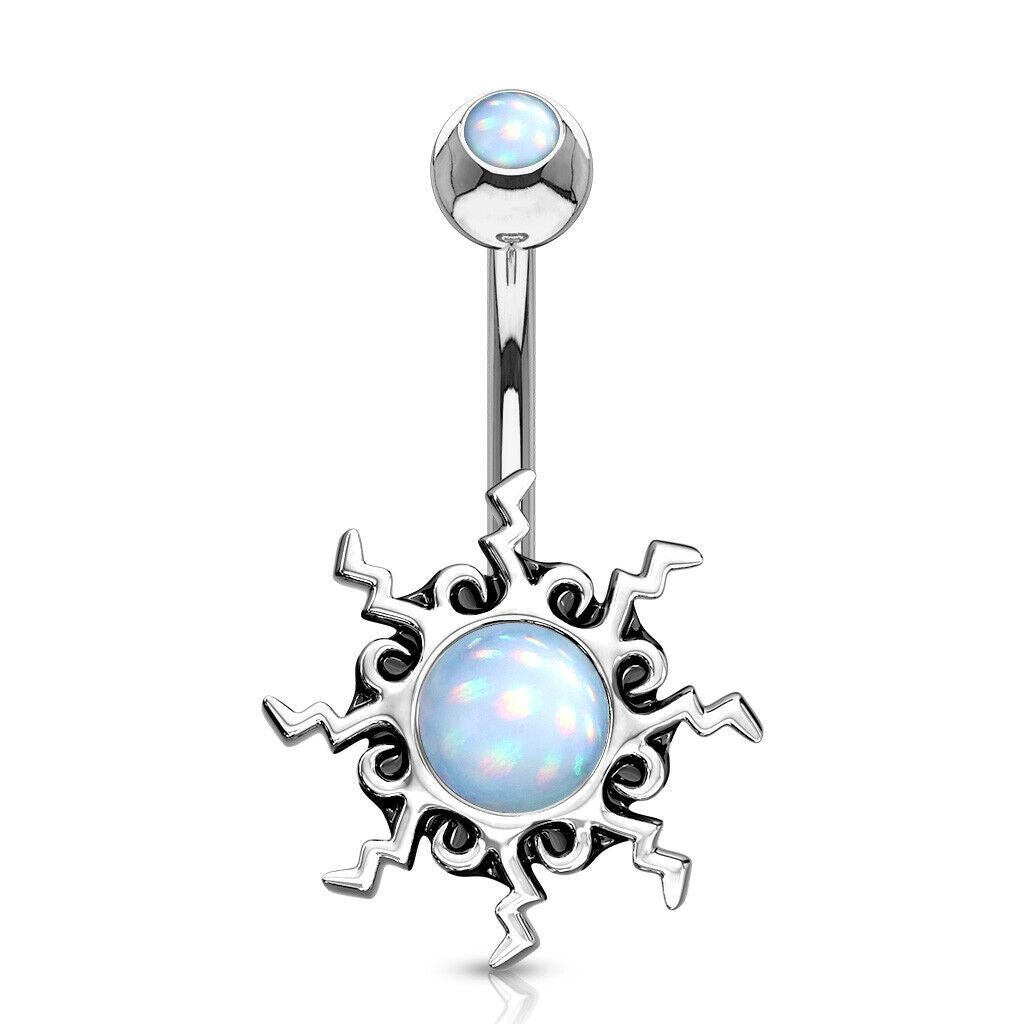 Belly Ring with Tribal Sun Illuminating Stone Center & with Illuminating Top 14g