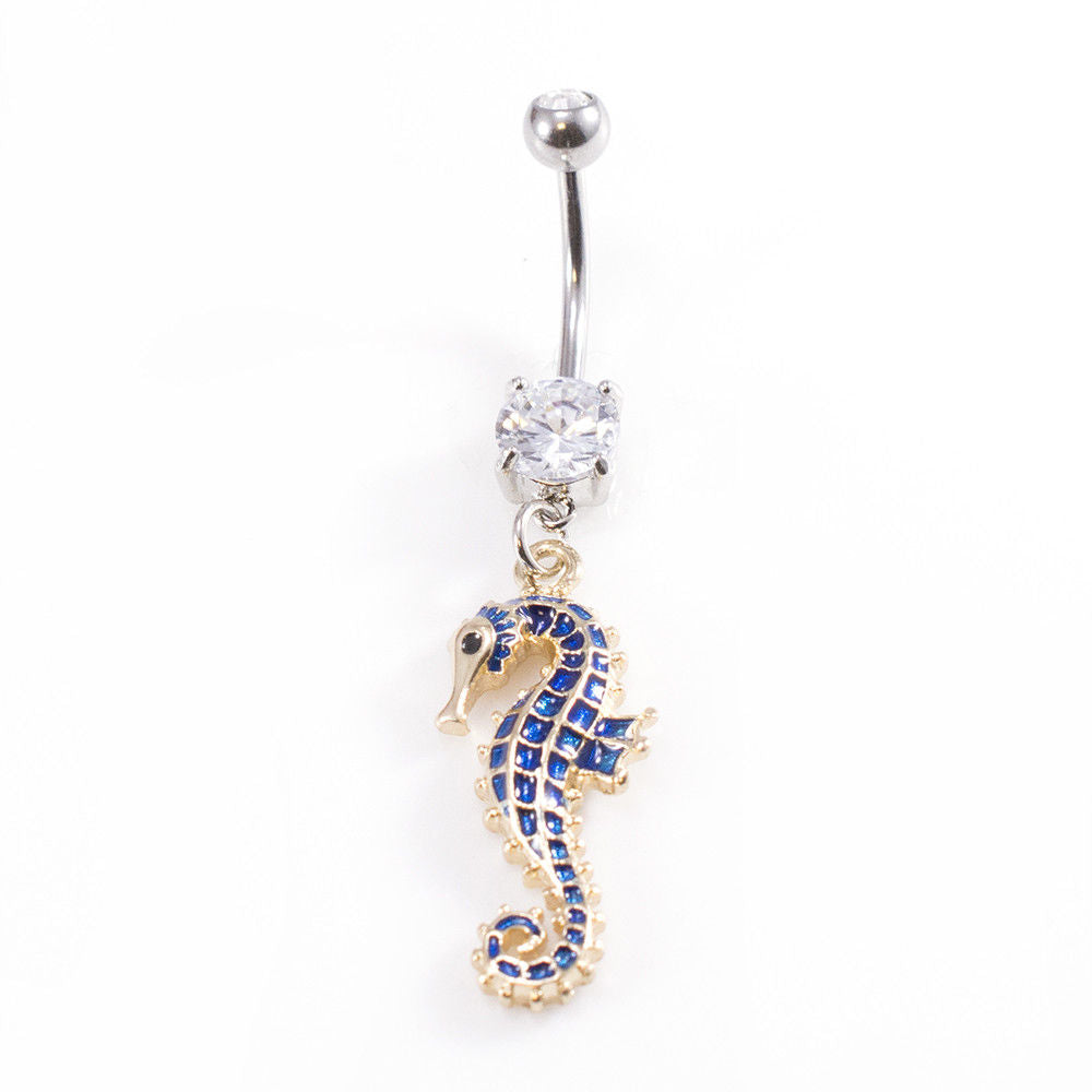 14g-7/16"(11mm) Belly Navel Ring with Blue and Gold Seahorse Dangle Charm