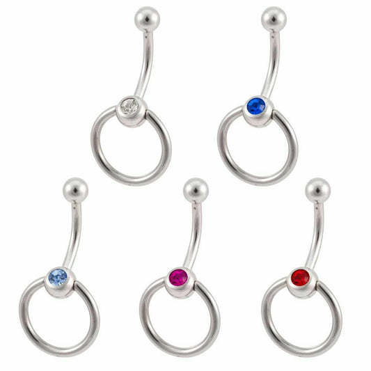 Belly Ring with Door Knocker Style and Cubic Zirconia Ball 5 Pack 14 ga S. Steel