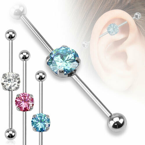 Industrial Barbell Round CZ Surgical Steel 14 gauge 38mm Fit