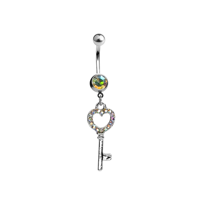 CZ Paved Heart Key Dangle Navel Belly Ring Surgical Steel 14g Sold individually