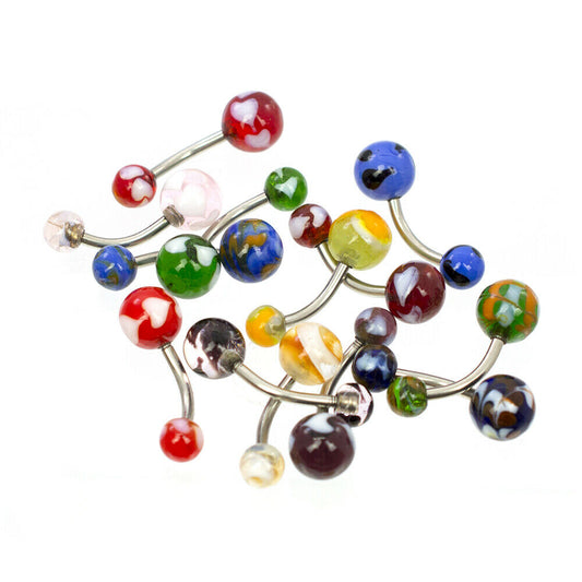 Belly Rings Glass with Assorted Marble Design Pack of 12 Randomly Picked 14ga