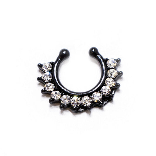 Faux Septum Ring Clicker No-Piercing Black Ion Plated with Set CZ Gems
