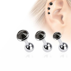 16ga Cartilage Barbells Tragus Rook Daith with Black CZ Gems - Pack of 3 - 316L