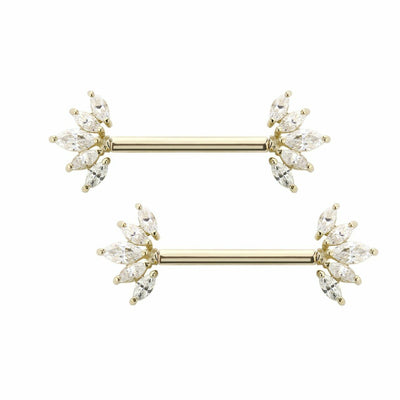 Nipple rings barbells 14 Karat Solid Gold Marquis settings AAA CZ stone 14 Gauge