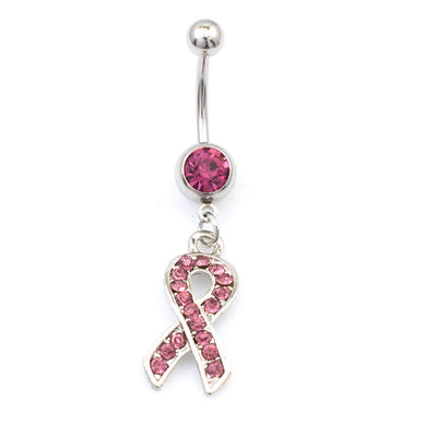 Belly Button Ring with Cancer Awareness dangle featured with Multiple CZ Stones