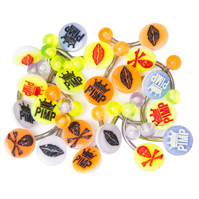20 Belly Piercing Pack - Assorted Acrylic Logos - 14ga 316L Surgical Steel
