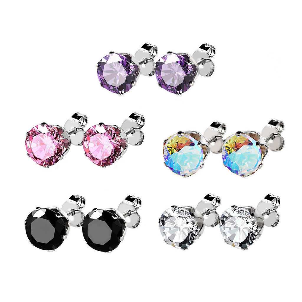 Stainless Steel Men Womens Stud Earrings with Prong Setting Cz package of 5 pair