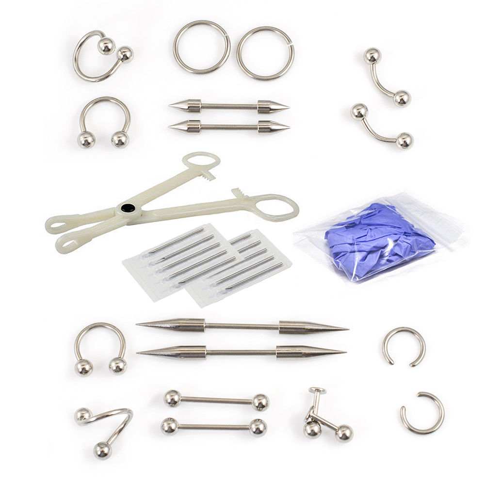 Piercing Kit package of 30 pieces Horseshoe eyebrow forcep labrets and needles