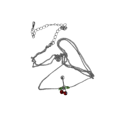 Belly Chain Navel Ring Surgical Steel Waist with Red Cherry CZ Non-Dangle 14G