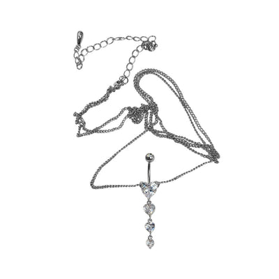 Belly Chain Navel Ring Surgical Steel Waist with Triple CZ Heart Dangle 14G