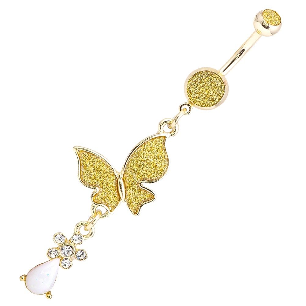 Belly Button Ring Butterfly Dangle-Style Gold I.P. Sugar Dust Design 14g 3/8