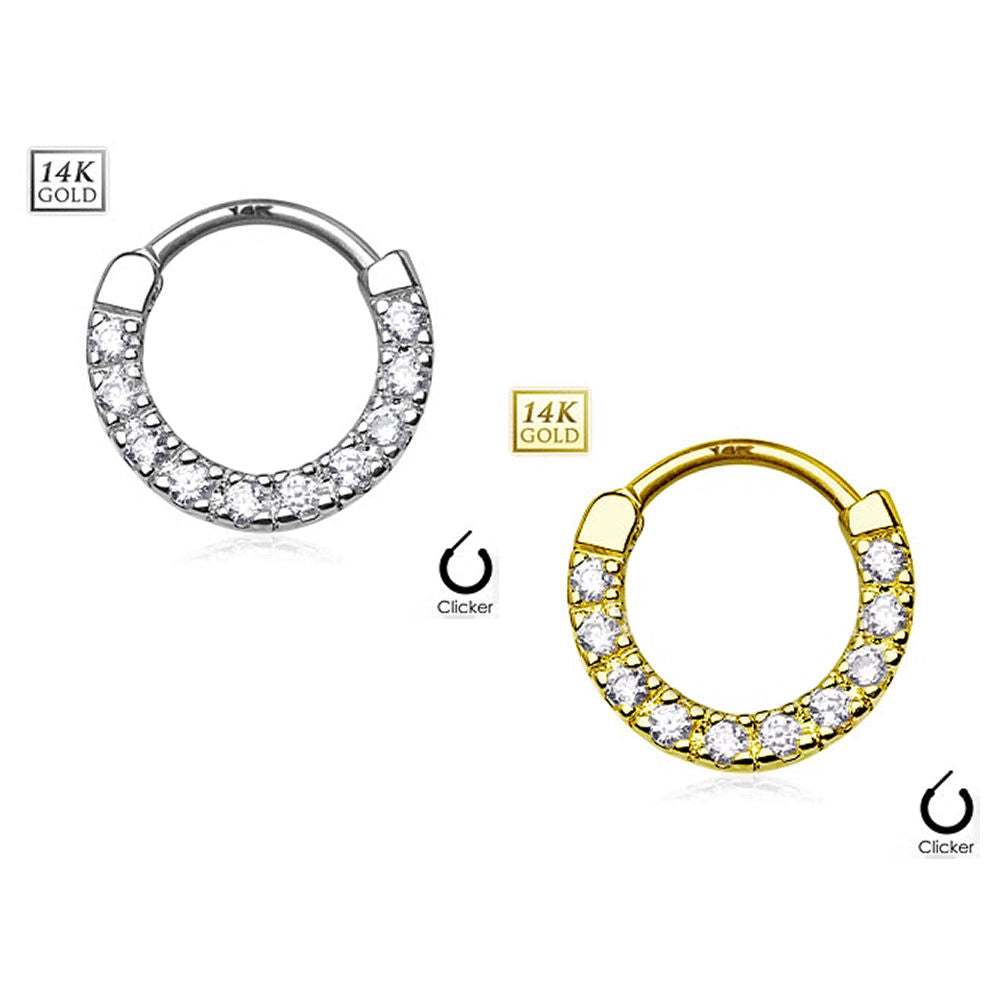 14K Solid Gold Septum Clicker with Ten Paved CZ Gems Daith Helix Rook 14G 8MM