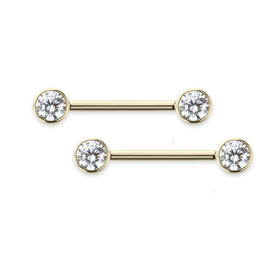 Nipple rings barbells 14 Karat Solid Gold bezel set 5mm AAA CZ stone 14 Gauge